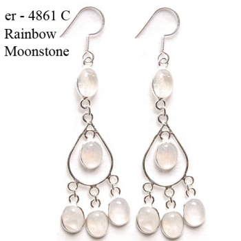 Rainbow moonstone ethnic design bezel set pure silver handcrafted Indian earrings 